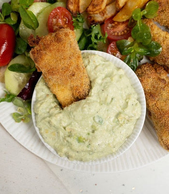 Fish Fingers with Fries, Salad, and Avocado Dip
