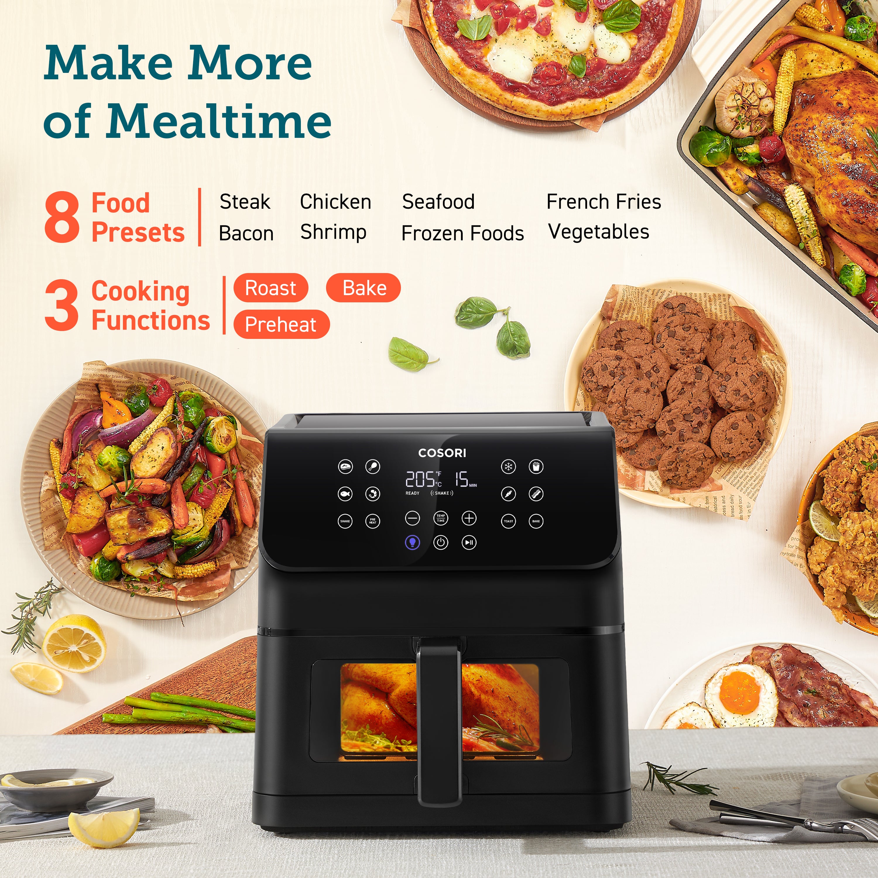 COSORI Premium II Plus 6.2-Litre Air Fryer with food presets and cooking functions showcased.