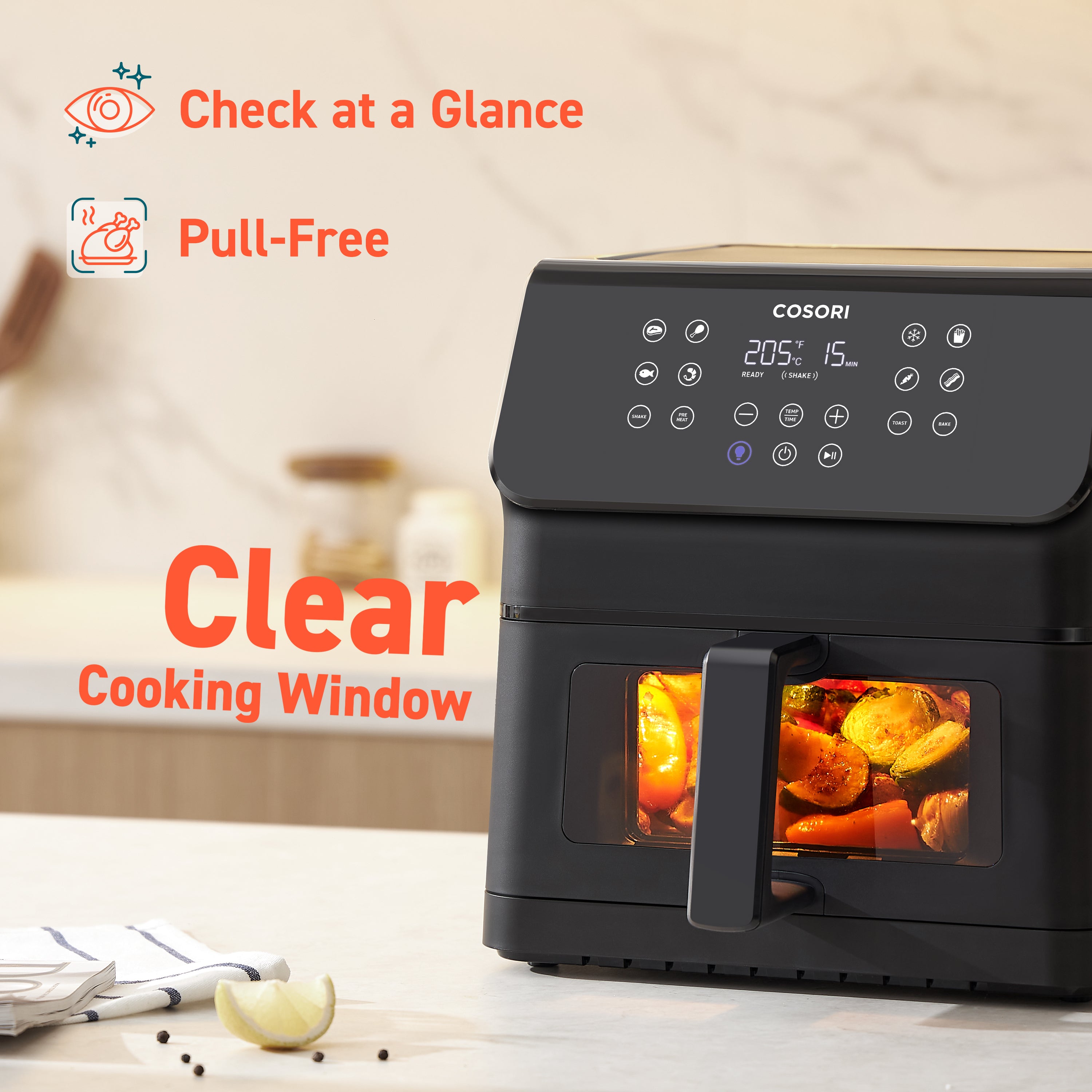 COSORI Premium II Plus 6.2-Litre Air Fryer with clear cooking window and easy-to-use controls.