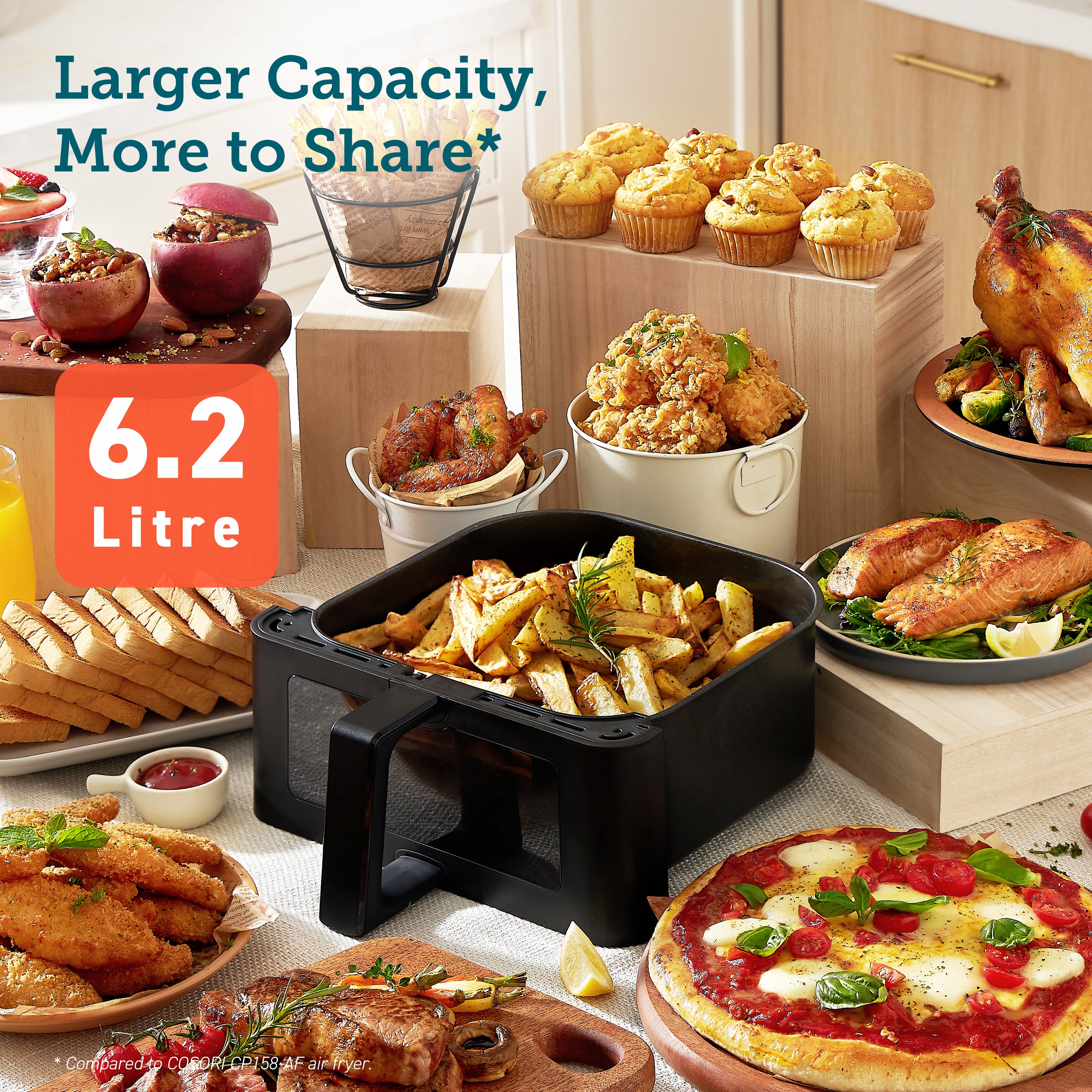 COSORI Premium II Plus 6.2-Litre Air Fryer showcasing larger capacity with various delicious foods.