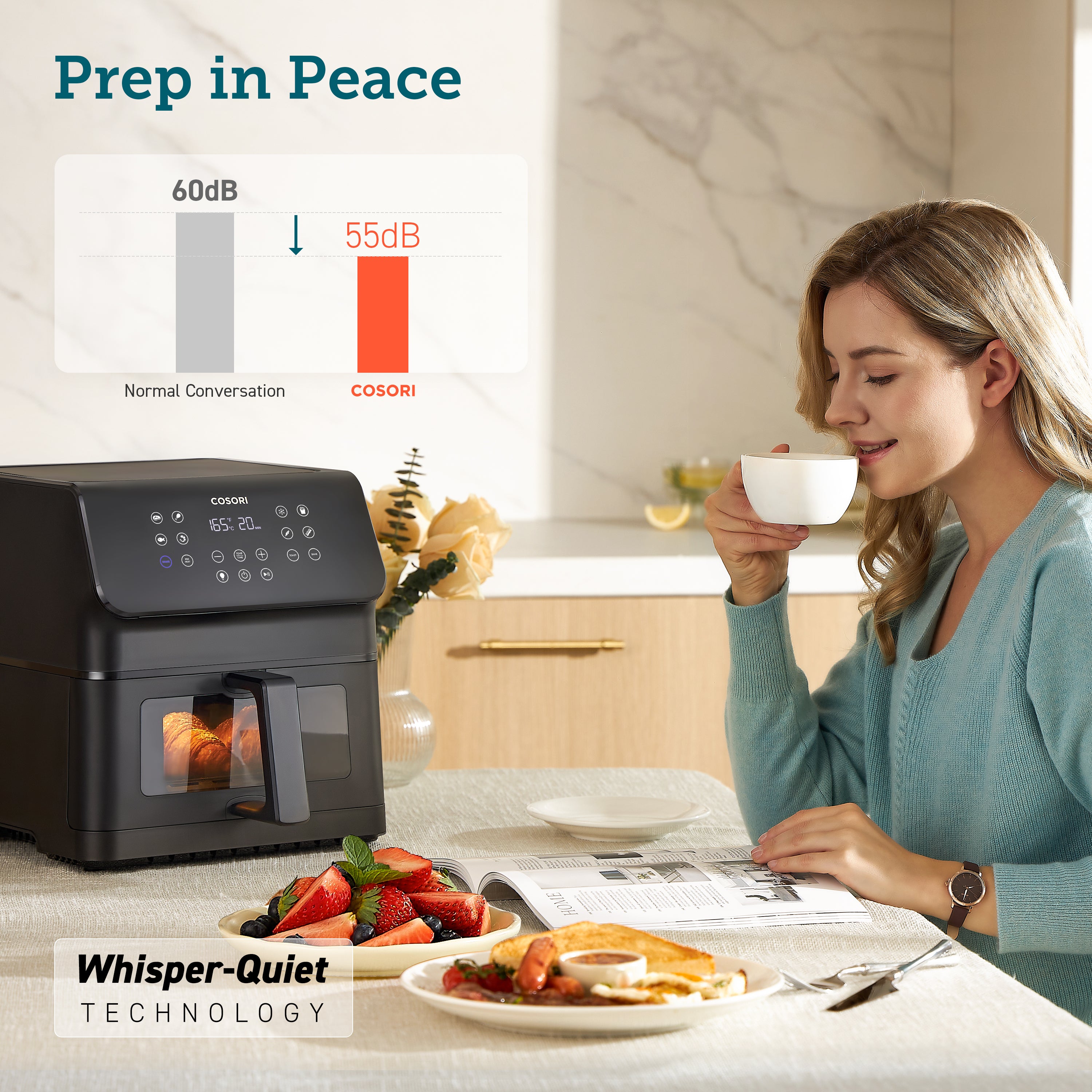 COSORI Premium II Plus 6.2-Litre Air Fryer with Whisper-Quiet Technology in use, woman enjoying coffee.