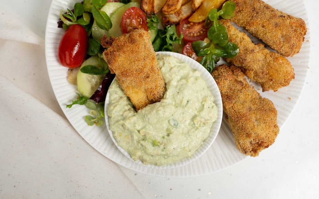Fish Fingers with Fries, Salad, and Avocado Dip